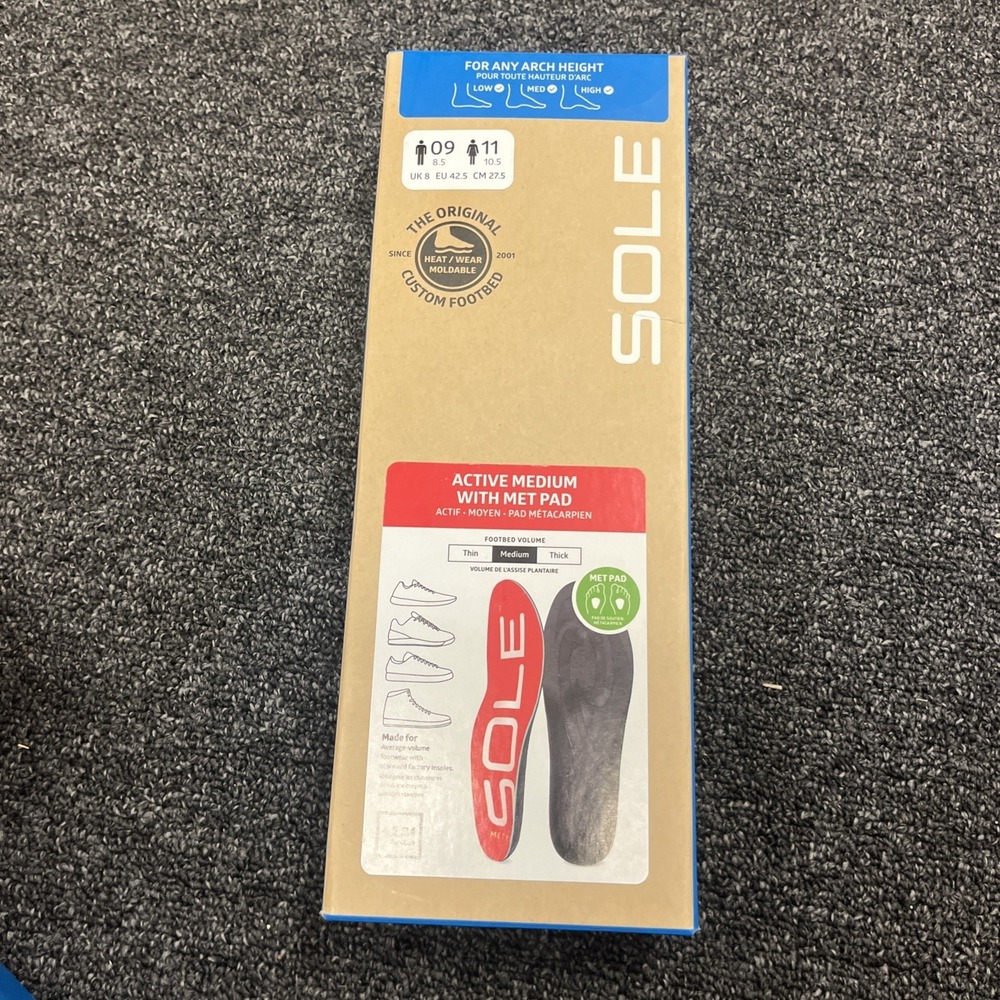 SOLE Active Medium W/ Met Pad Plantar Fasciitis Relief Arch Insoles M 9 / W 11
